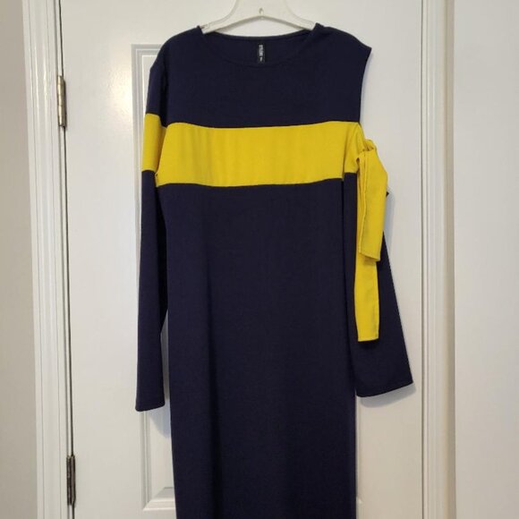 Shein Navy Blue & Mustard Cutout One Shoulder Dress - Picture 1 of 7